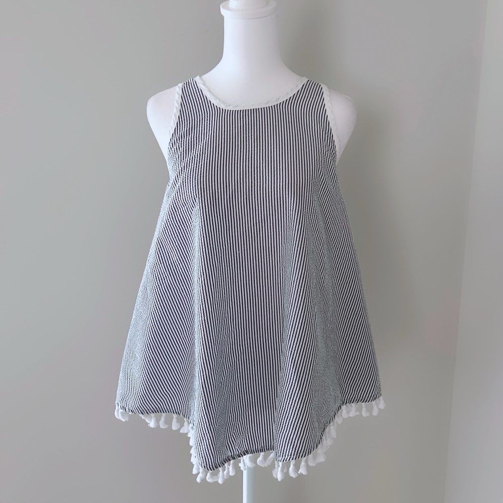 CES Femme Blue & White Striped Tassel Swings Wide Hem Tank Top